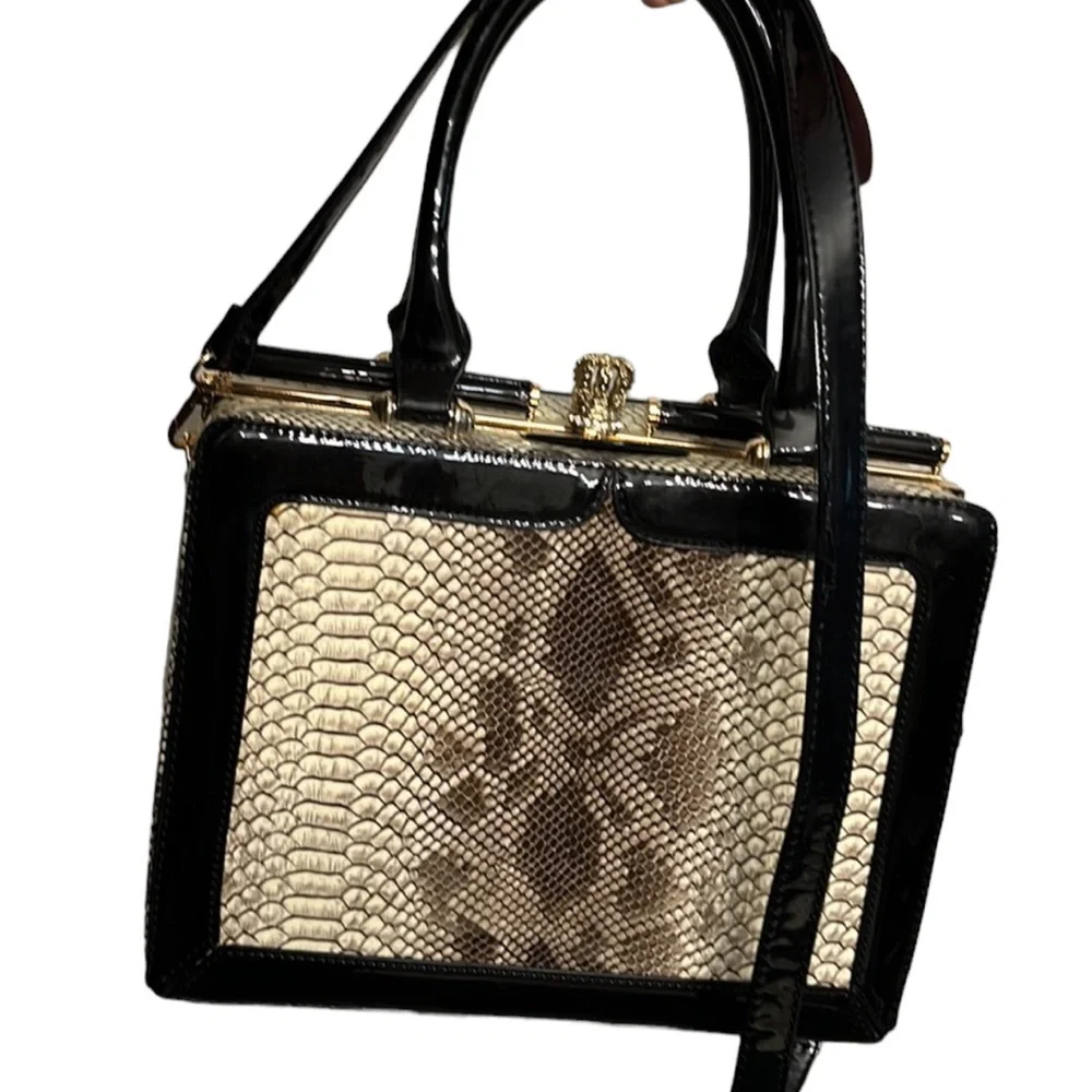 Rimen  & Co brown serpent print patent leather bag removable crossbody strap